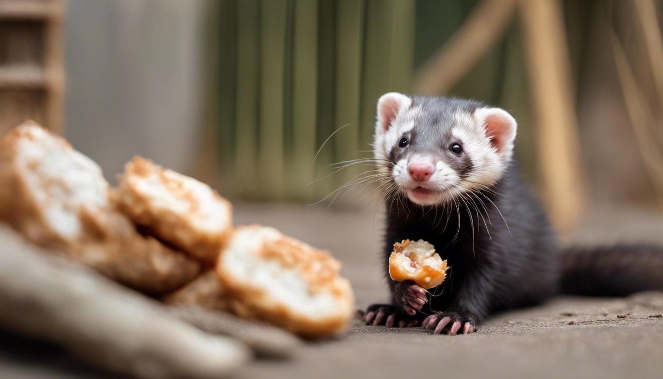 Un hurón está comiendo en casa y mirando