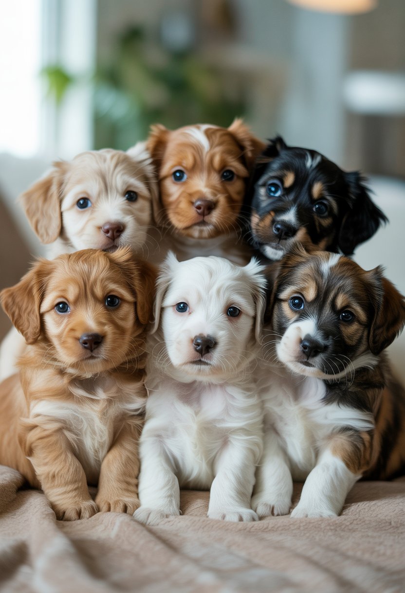 Cinco cachorras adorables de diferentes razas y colores sentadas juntas sobre una manta en un espacio interior iluminado naturalmente.