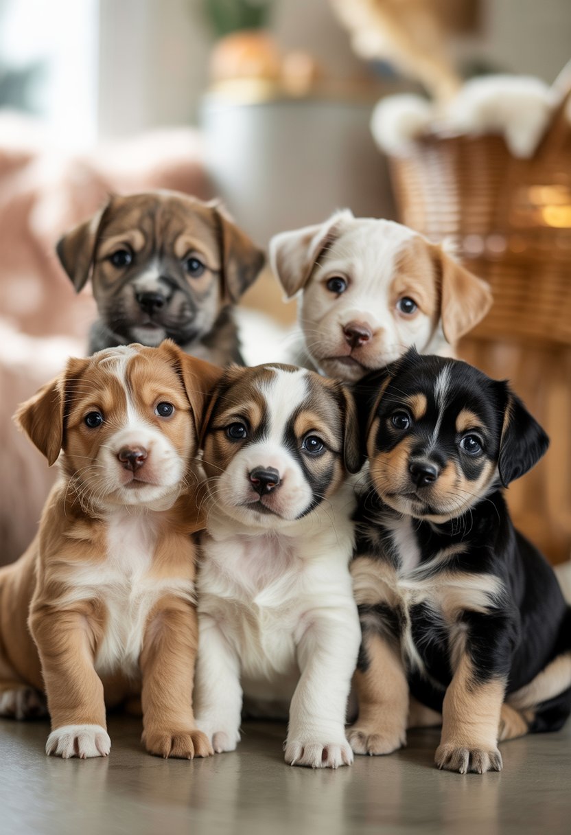 Cinco cachorras adorables de diferentes razas juntas en un ambiente interior acogedor.