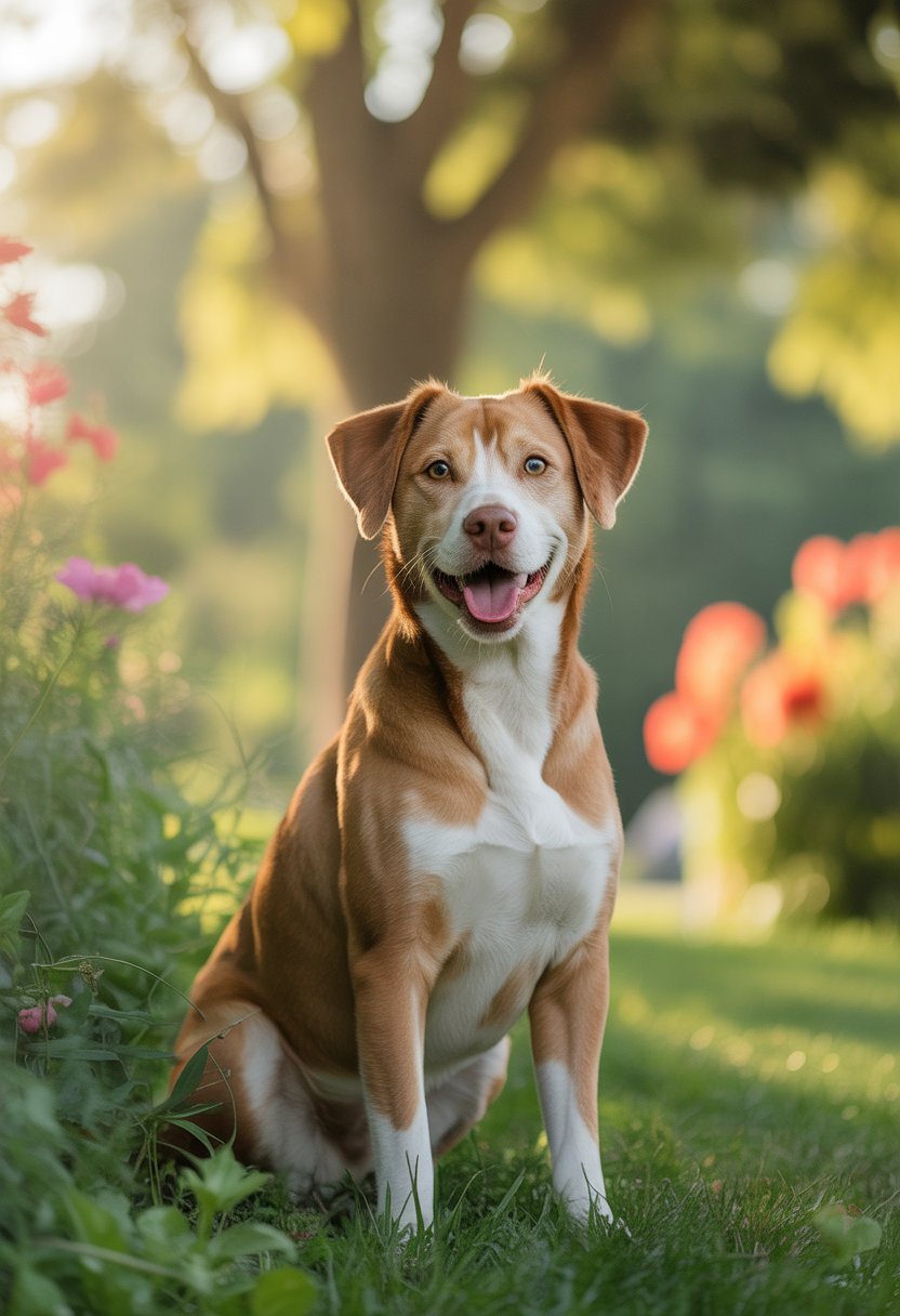 Perra sonriente sentada en un parque con flores y árboles al fondo.