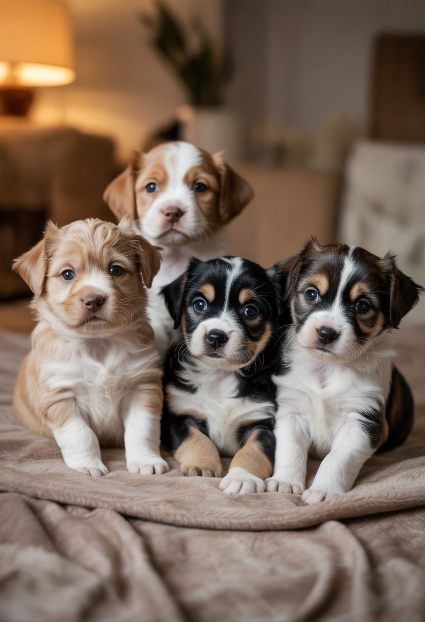 Cinco cachorras pequeñas de diferentes razas juntas sobre una manta en un ambiente interior acogedor.