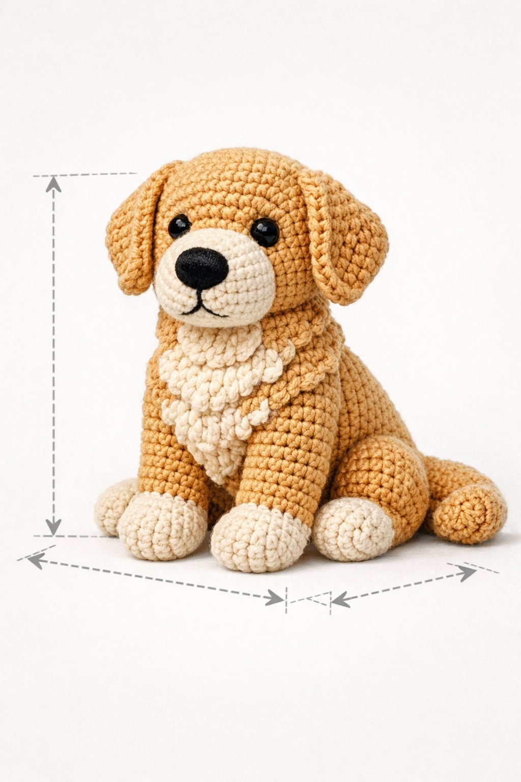 Ilustración de un perro Golden Retriever tejido a crochet con líneas que indican sus medidas específicas.